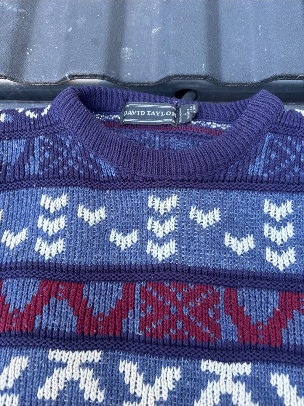 David Taylor Navy and Burgundy Fair Isle Crewneck Sweater
